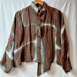 EGO Wearable Art 100% Silk Asymmetrical Shirt Jacket OS Tie Dye Brown Blue White